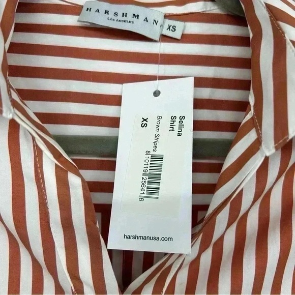 HARSHMAN SHIRT WOMEN’S XS BROWN STRIPED BUTTON DOWN FLARED SLEEVE COTTON NWT - Picture 3 of 13